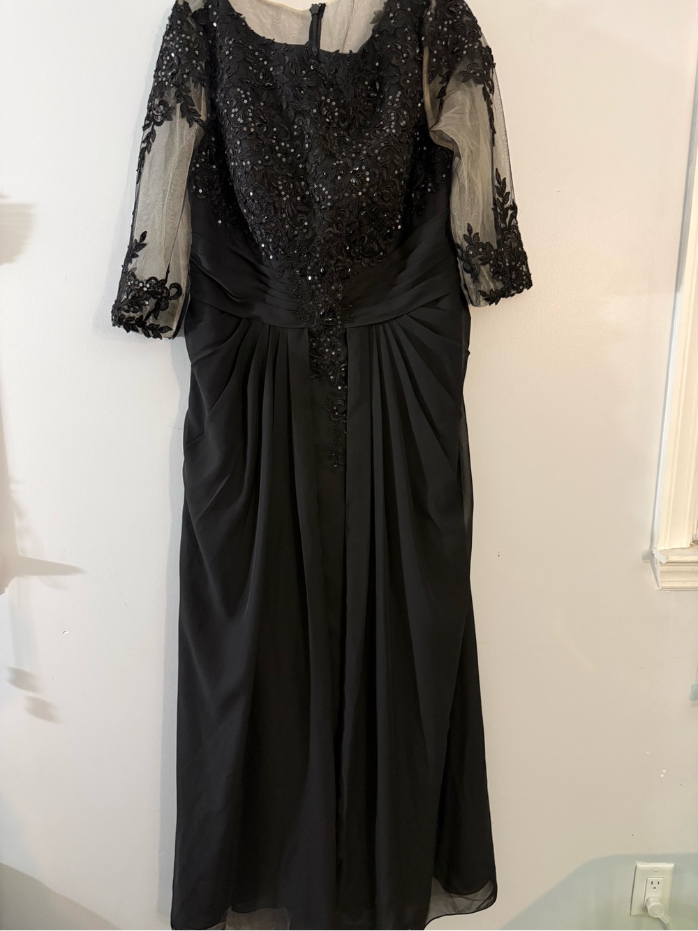 JJs House Black Beaded Illusion Sleeve Maxi Gown